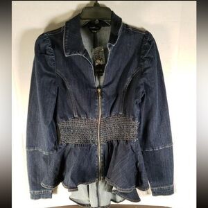 NWT bebe Smocked High Low Waist  Denim Zip Up Jacket in Dark Blue.  Size L